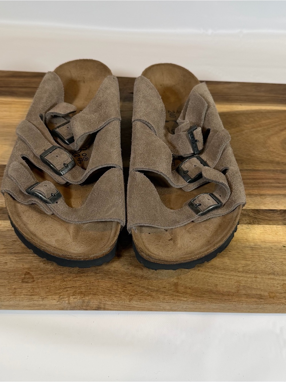 Birkenstock Birki’s Three-Buckle Suede Slide Sandals in Taupe Brown Sz 37